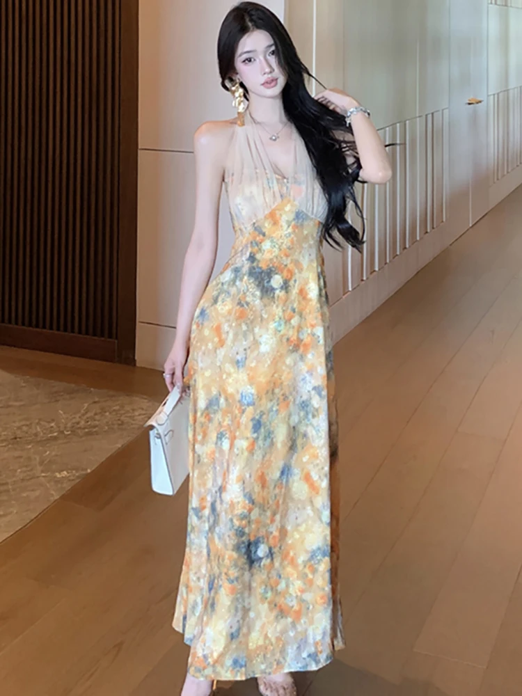 

Женское летнее винтажное облегающее платье макси с принтом, сетчатыми вставками и завязками на шее, корейское элегантное роскошное платье 2026 года
