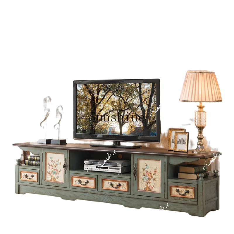 Mediterranean TV cabinet combination solid wood coffee table old-fashioned simple modern small apartment