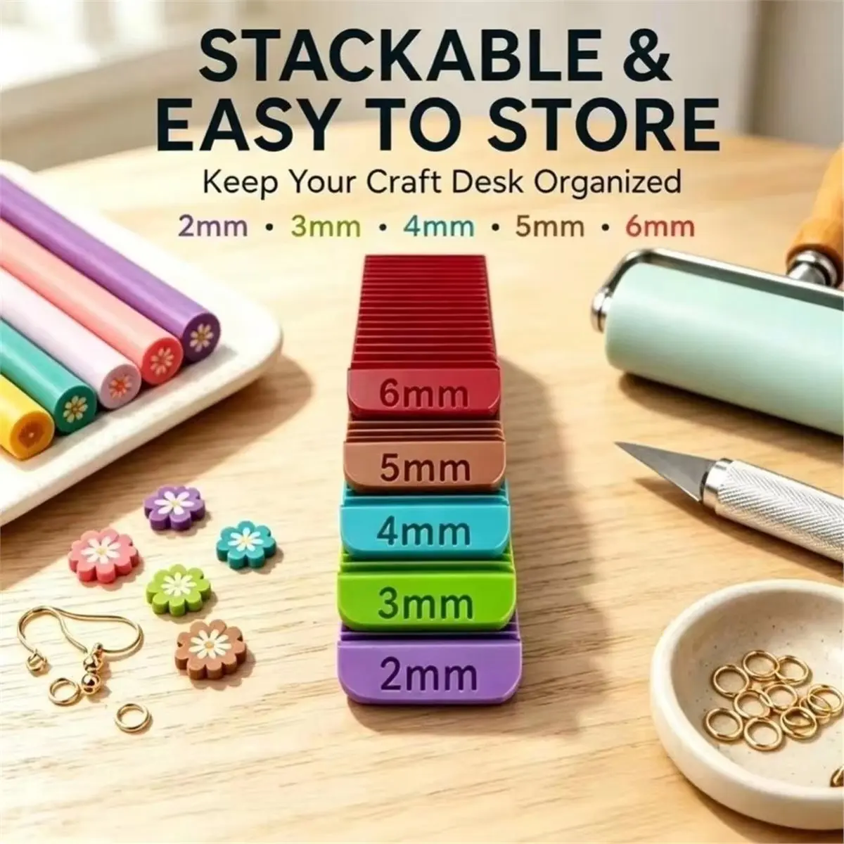 Polymer Clay Thickness Guide , 5 Color-Coded Thickness Cutting Tools (2mm, 3mm, 4mm, 5mm, 6mm),3D Printed