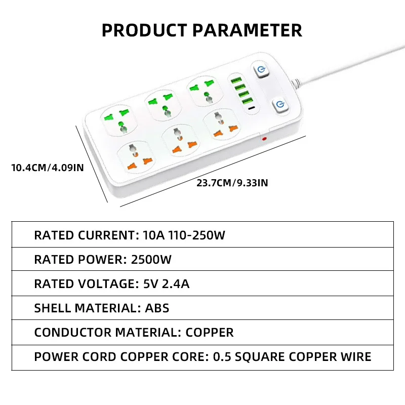 6AC Socket Universal Extended Power Socket UK, United States, EU Plug Power Board, with Dual USB Interface, Safety Switch Chargi