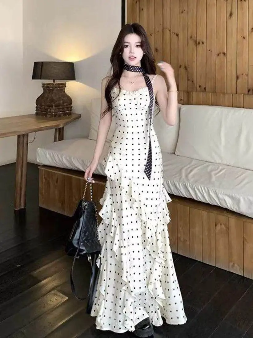 White Polka Dot Ruffle Halter Dress Women's Beautiful Early Spring Slimming Wrap around Skirt Bohemian Style High Waist Long ... 5