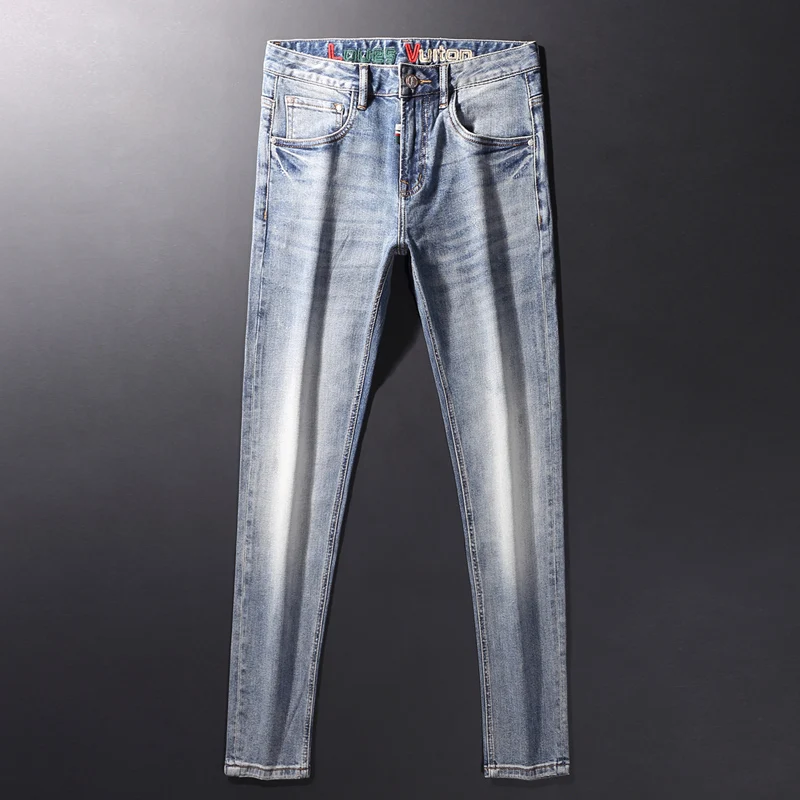 

Fashionable new men's jeans, elastic slim fit, retro light gray blue jeans, designer motorcycle brand high-quality pants