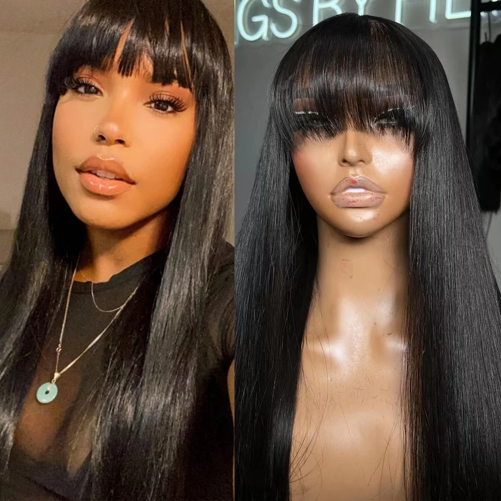 WIF Long Straight Black Hair with Bangs Synthetic Lace Wig Silk Straight 1B Black Hair Lace Front Wigs Women Daily Makeup Use