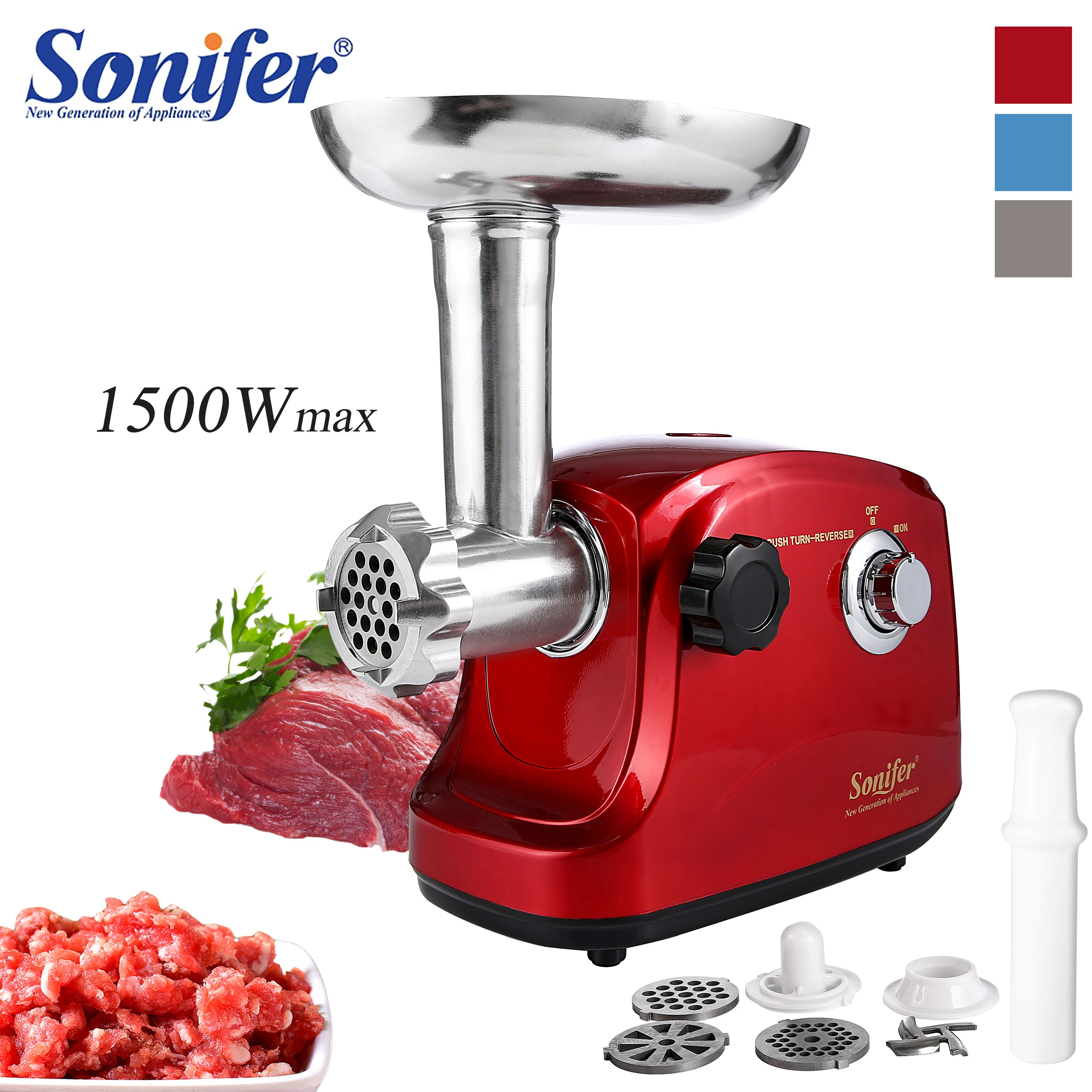 Sonifer Meat Grinder  .High quality cutting blade .3 pcs metal discs,fine,medium and coarse .Aluminum meat filling pan