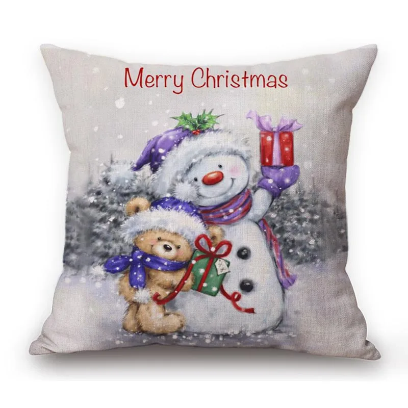 Christmas Decoration Snowman Bear Cute Xmas Art Cozy Sofa Throw Pillow Case Square Cotton Linen Car Chair Cushion Cover