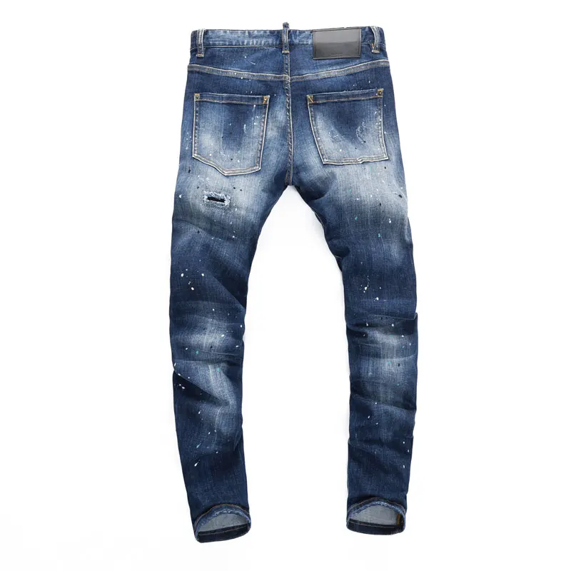 High Street Fashion Men's Jeans Retro Ripple Painted Blue Elastic Slim Fit Jeans Men's Retro Designer Hip Hop Brand Pants Hombre