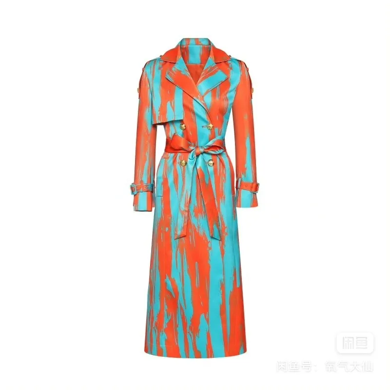 

Spring/Autumn Double Breasted Trench Long Coat Office Lady Dobby Adjustable Waist Jackets Floral Windbreaker Overcoat Vintage