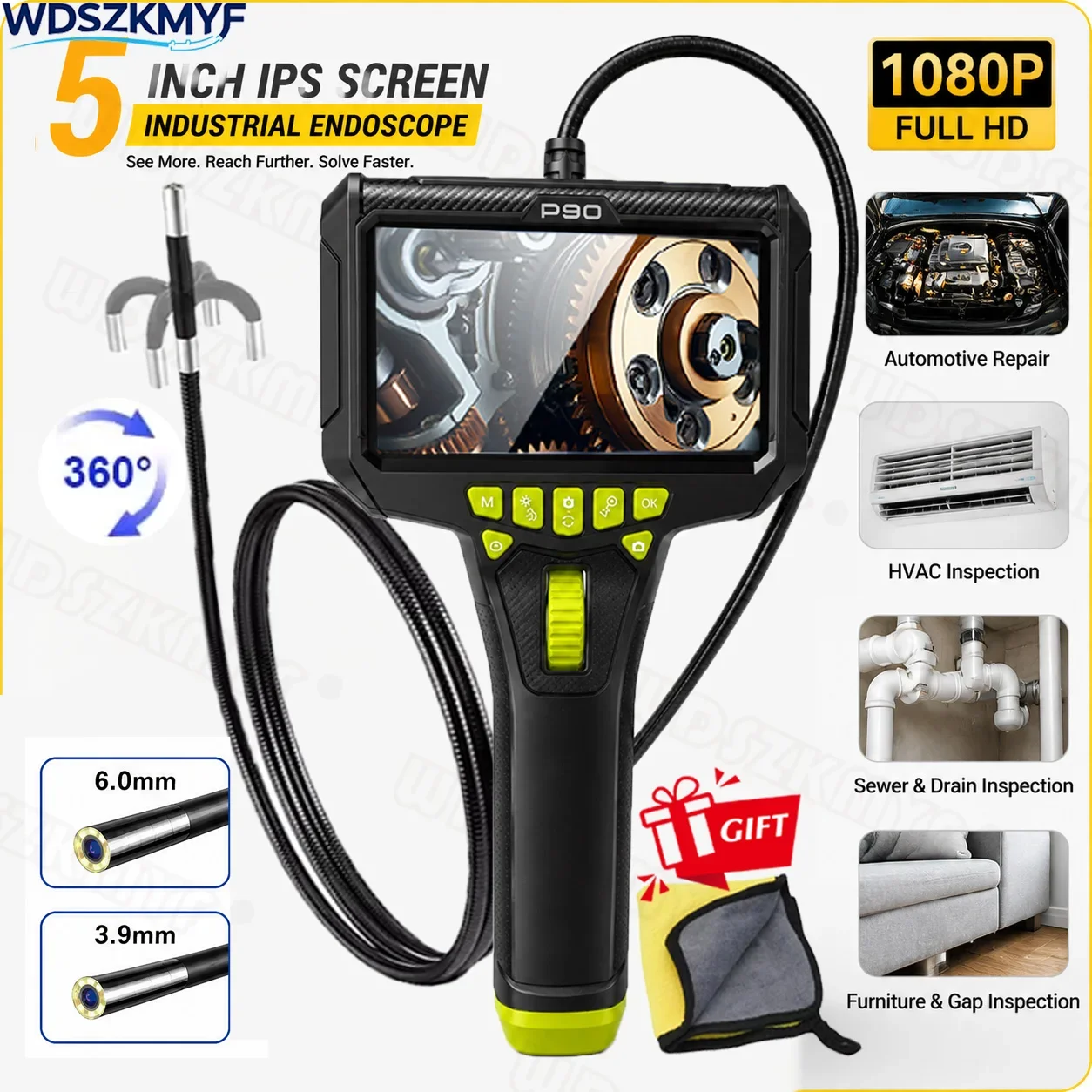 3.9mm/6.0mm Lens Borescope 360° Rotatable 1080P 5