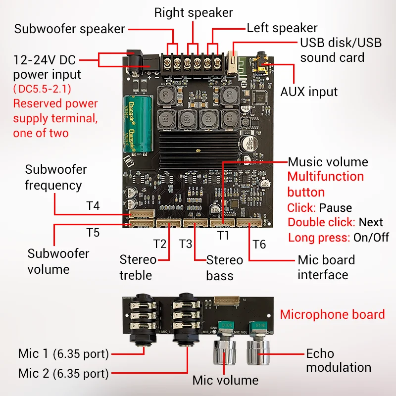 Imagem -02 - Placa de Amplificador de Potência de Áudio Máquina Integrada Microfone Zk-am100f Tpa3116d2 50w x Mais 100w 2.1 Canais