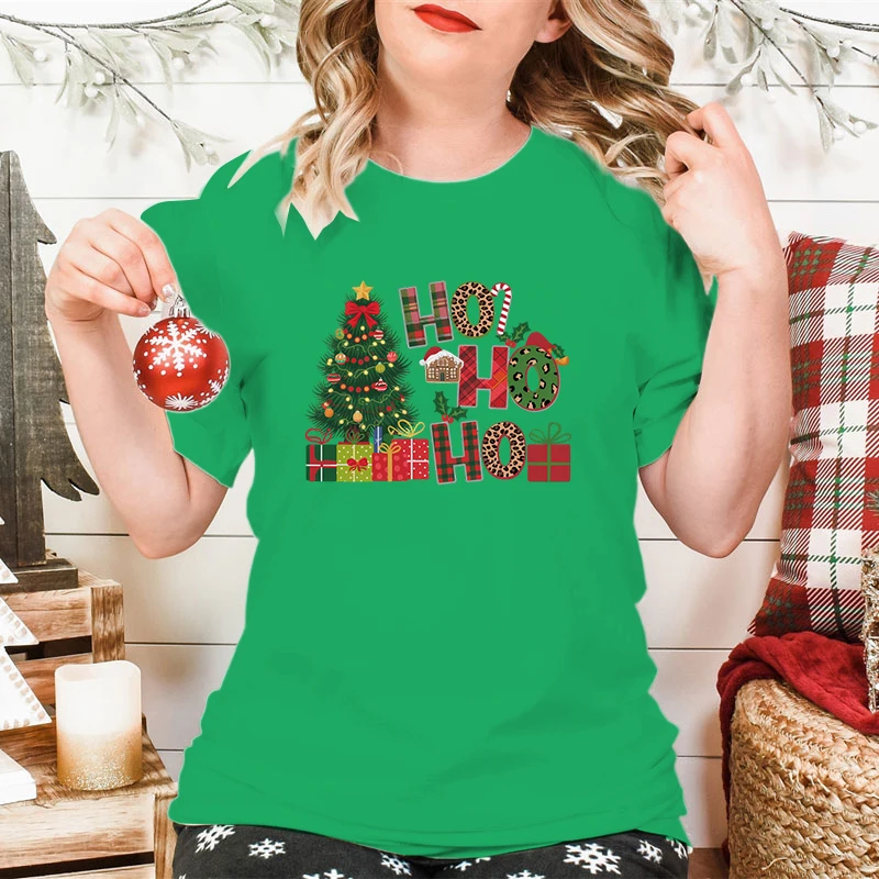 New Christmas Tree HO HO HO Print T Shirt Women Funny  Merry Christmas Tops Tees Female Short Sleeve Crew Neck Women Xmas Tshirt