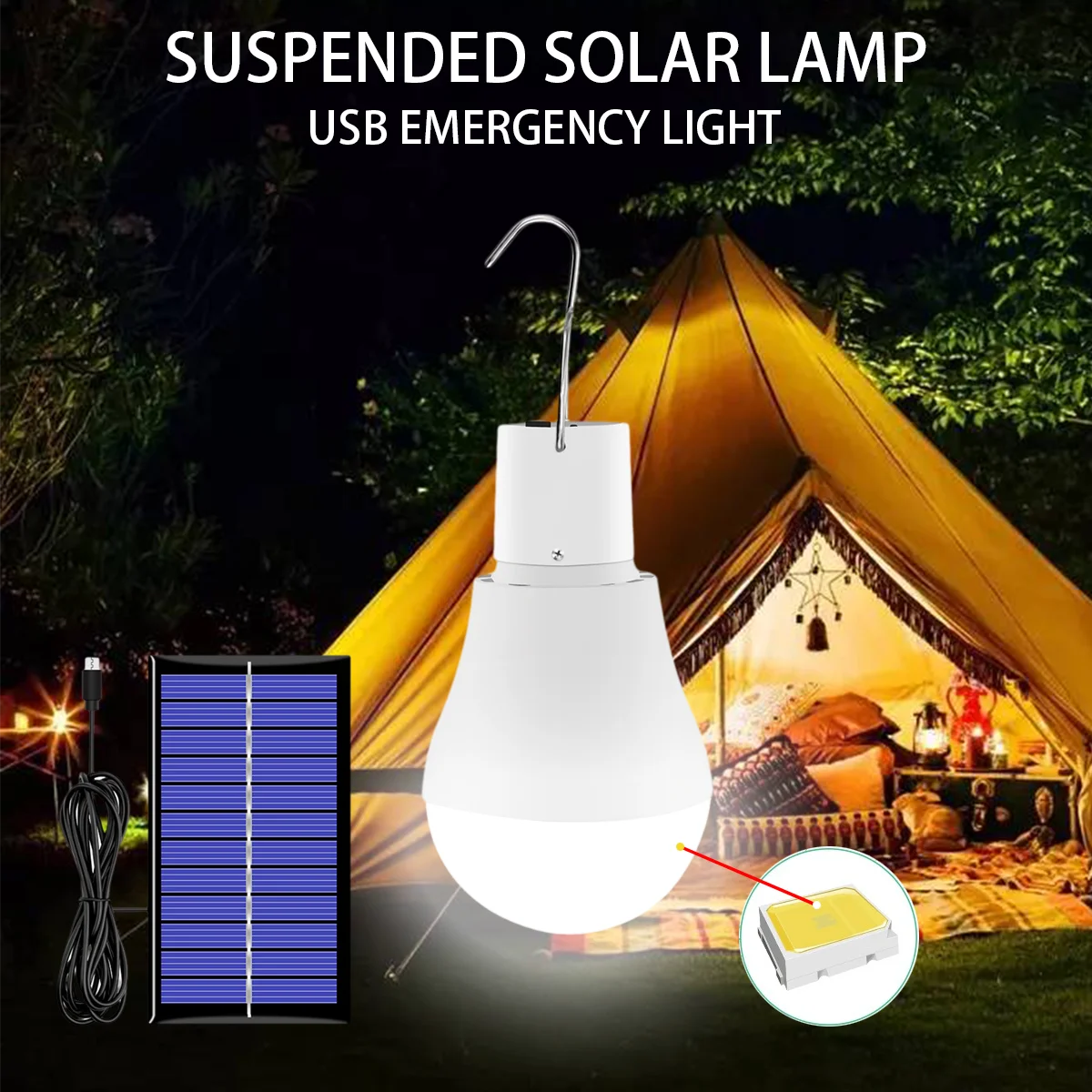 

7-15W Hook Solar Light Charging USB Emergency Fluorescent Light Waterproof Outdoor Indoor Residential Solar Bulb