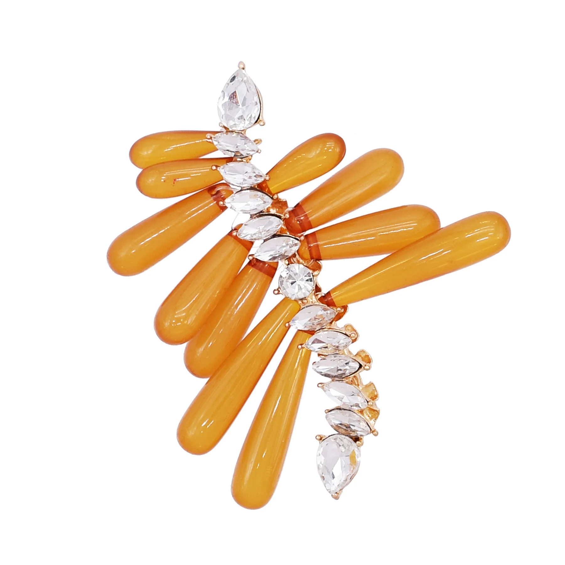 New Trending Fan Shape Resin Brooch for Women Teardrop Crystal Rhinestone Statement Pin Brown Red Color Suit Coat Lapel Jewelry