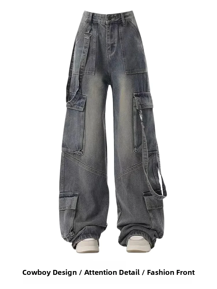 

Retro American Workwear Wide Leg Denim Jeans Women's Autumn Winter High Street Loose Slim High Waist Straight Leg Pants