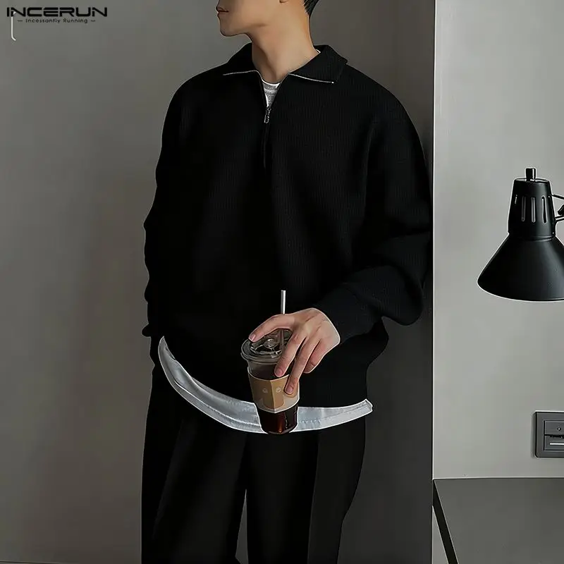 

INCERUN Men Sweater Solid Color Zipper Long Sleeve Knitted Male Pullovers Streetwear Korean Style Fashion Casual Men Clothing