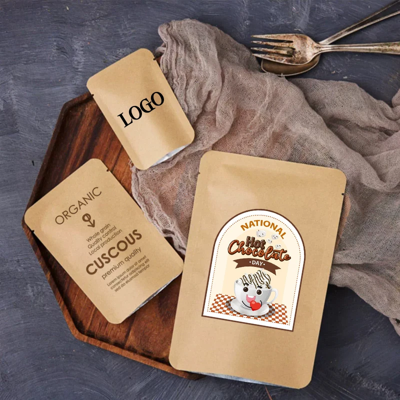 

Упаковочный пакет из крафт-бумаги, порошок, кофе, мыло, специй, хлопьев, плоское дно, открытая верхняя часть, термосвариваемые пакеты для хранения чая, логотип