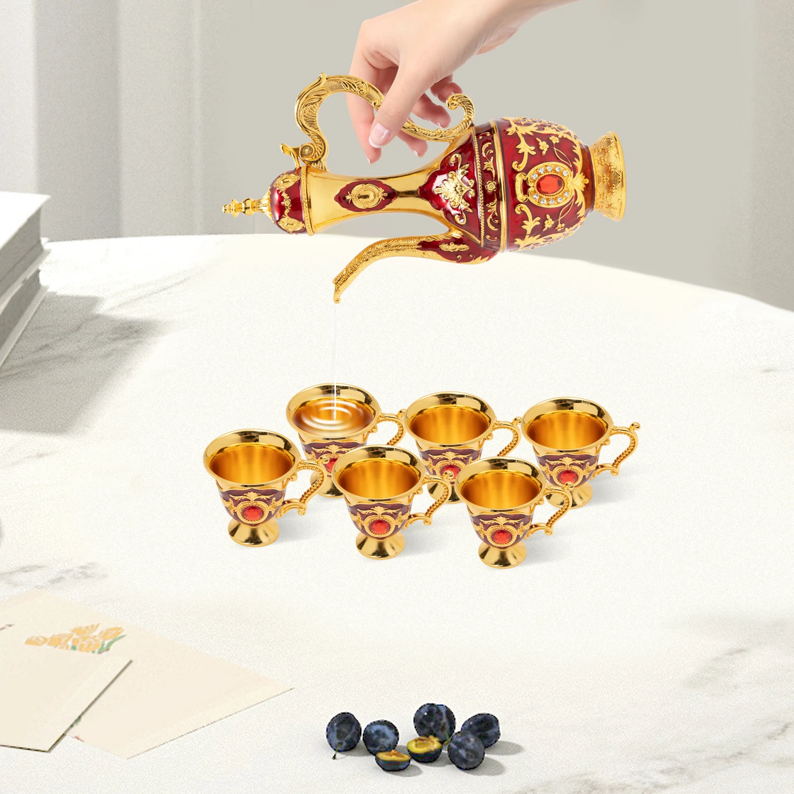 طقم شاي تركي 8 45 أونصة إبريق شاي مع 6 أكواب وصينية مجموعة تقديم تقليدية من سبائك الزنك لديكور المنزل هدية ثقافة القهوة التركية