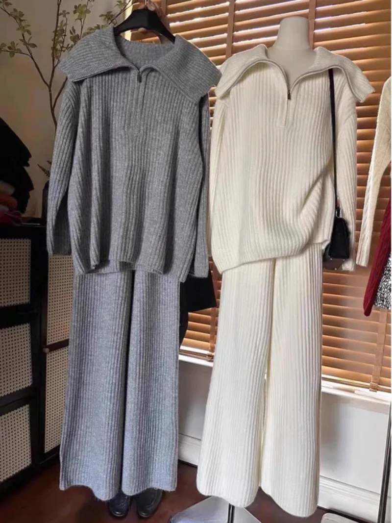 Casual Loose Collar Half Zipper Knitted Sweater+Elastic Waist Wide Leg Pants Set Autumn/Winter Women's Sets New Fashion Suit