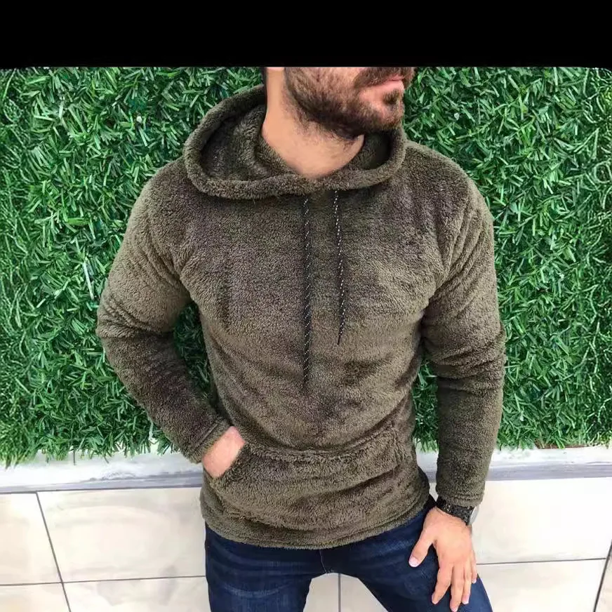 Autumn Winter Men's Side Seam Pocket Hooded Lapel No Liner Solid Long Sleeved Velvet Hoodies