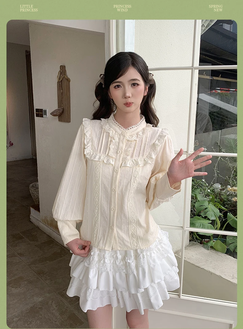 Lolita katoen zoete opstaande kraag kant lange mouw retro dieptepunt shirt lente herfst eenvoudige schattige prinses leeftijdsverminderende top