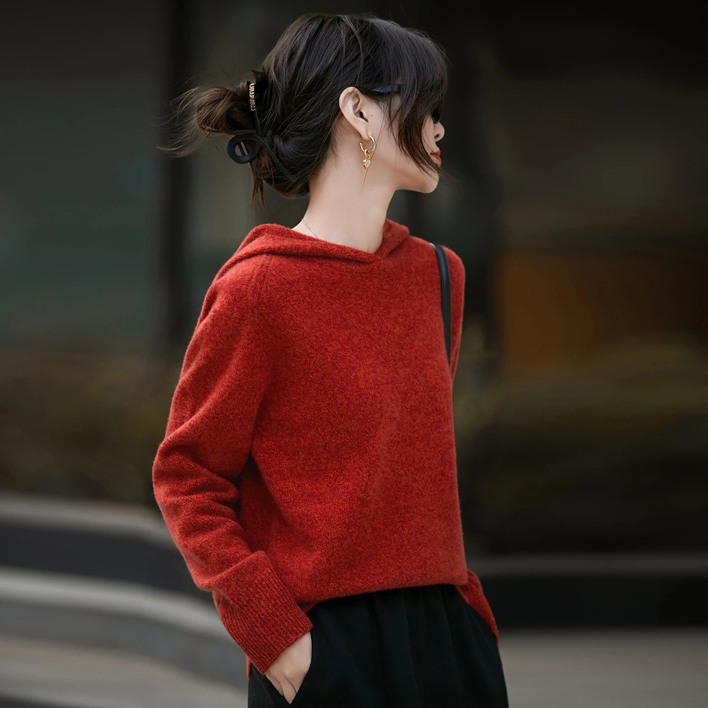 Winter Thicken Hoodie Loose Style Pullover Women Knitting 100% Merino Wool Sweater Front Shoulder Inversion High quality Tops