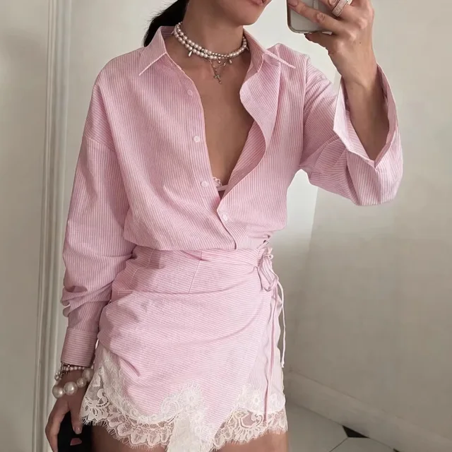 Conjunto de Falda y Camisa de Manga Larga con Encaje y Rayas para Mujer, Primavera Verano 2026, Nuevo Estilo, Atuendo Casual Elegante