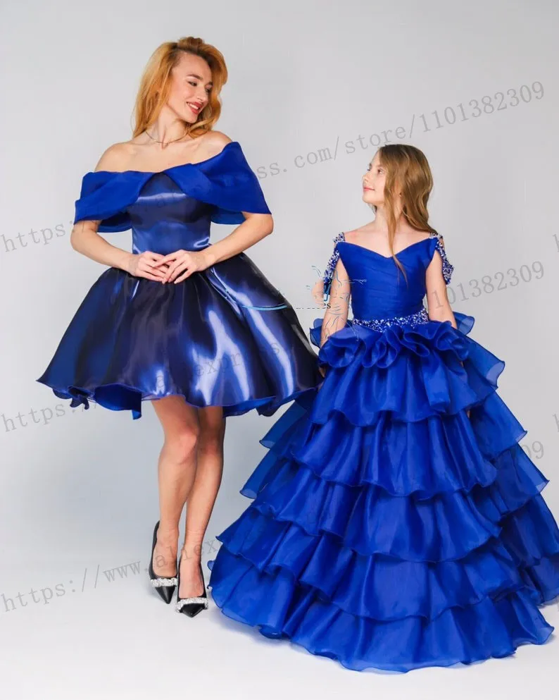 

Royal Blue Mother Daughter Matching Dresses Ball Gown Girl 1st Birthday Mommy and Me Formal Party Gowns Custom made New Fashion