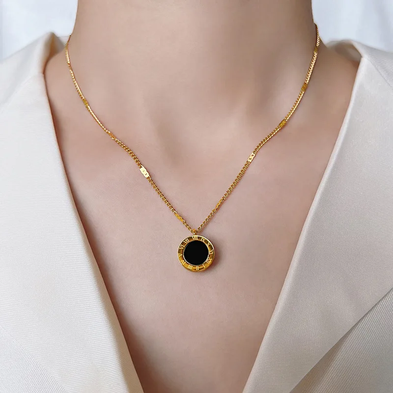 Gold Color Stainless Steel Necklace for Women Round Shell Acrylic Black White Pendant Two Sides Korean Fashion Gift for Women