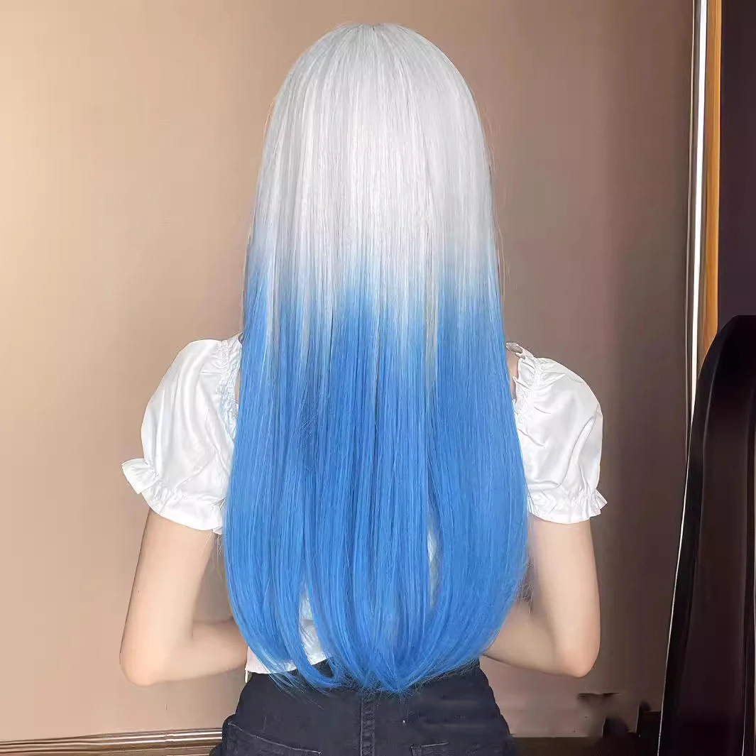 EASIHAIR White to Sky Blue Ombre Syntetyczne peruki dla kobiet Długie proste peruki Cosplay Naturalne włosy Sztuczne włosy Peruki Impreza Halloween