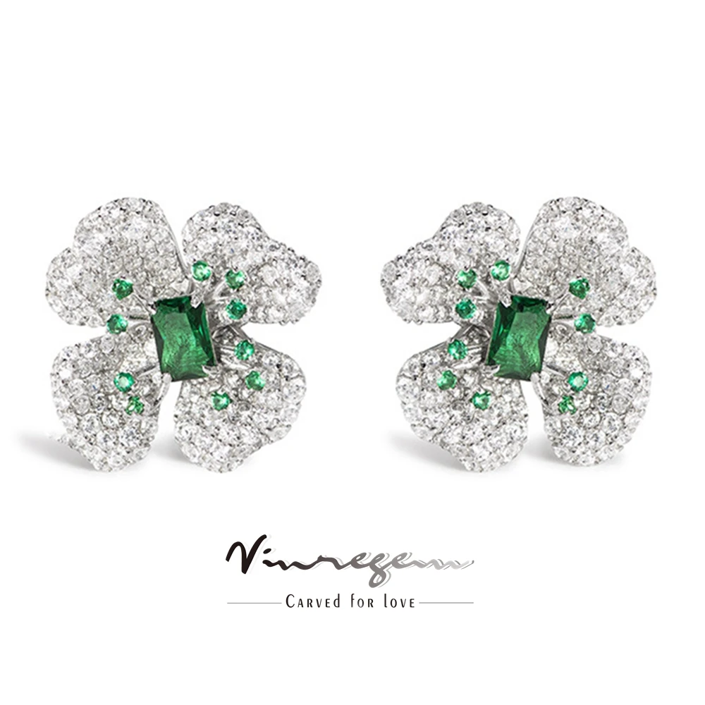 

Vinregem Sparkling Emerald High Carbon Diamond Gemstone Flower Ear Stud Earrings for Women 100% 925 Sterling Silver Fine Jewelry