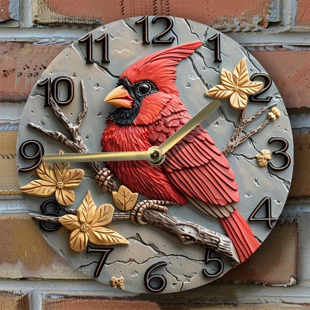 DIY Silent Wall Clock Kit with Cardinal Red Bird Design –Art Set with 3 Hand Movements for Bedroom Decor & Independence Day