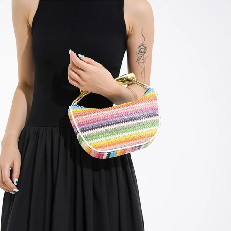 2025 arc-en-ciel paille tissé or poignée en métal sac à main marque concepteur femmes pochette sac à main de luxe tissé à la main bandoulière sac à bandoulière