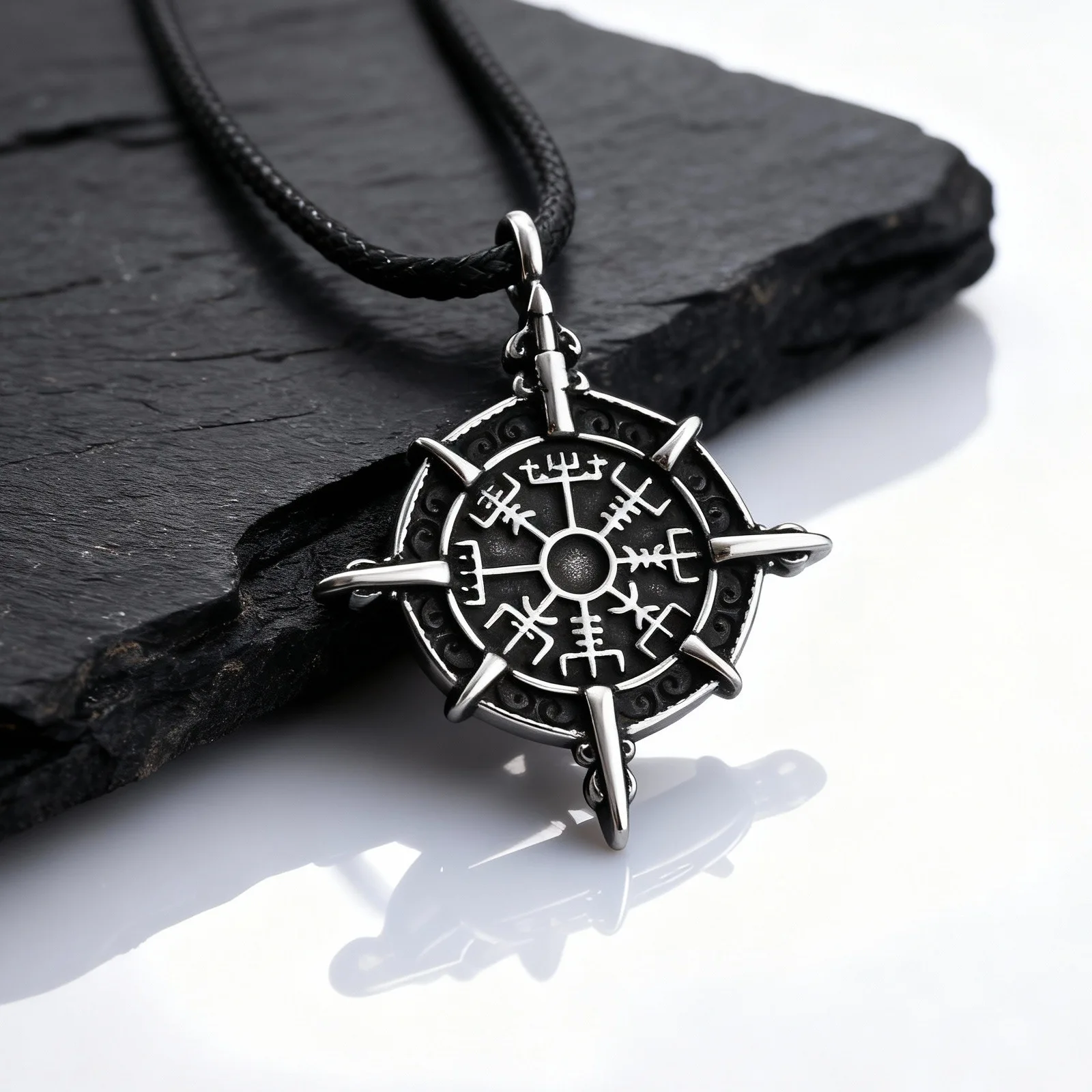 Retro Viking Rune Compass Necklace for Men Boys,Gun black Stainless Steel Talisman Collars,Stylish Punk Jewelry Gift