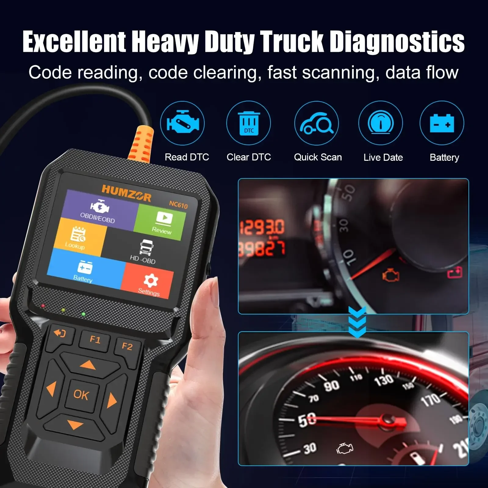 HUMZOR NC610 12V 24V Full OBD2 Diagnostic Scanner Tool Heavy Duty Diesel Petrol Engine Code Reader Live Data For J1939 Truck