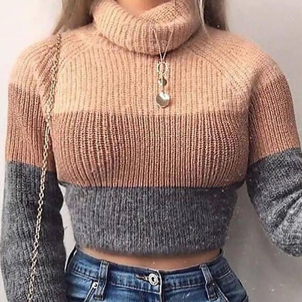 

Fashion Women's Turtlenecks Sweaters Striped Long Sleeve Knitted Pullovers Females Cropped Jumpers Sweaters Autumn Winter