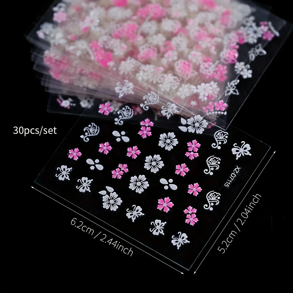 30 pegatinas de manicura rosas y blancas sin repetir, calcomanías para uñas con patrones surtidos, arte floral