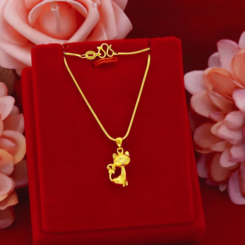 Luxury 18k Gold Original Necklace for Women Cute Cat Pendant for Wedding High Quality Real Gold Jewelry Wedding Bijoux Femme