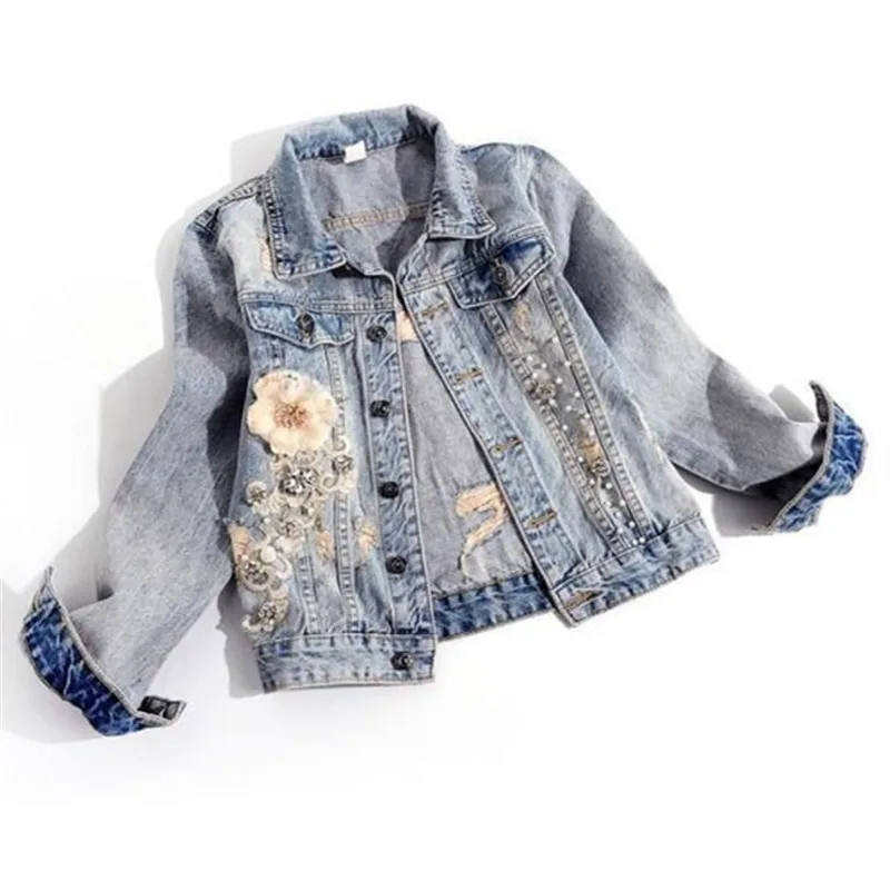 2023 Spring Autumn Women\'s Denim Jacket Long Sleeve Overcoat Loose Three-dimensional Button Pearls Outwear Ripped Jeans Jackets