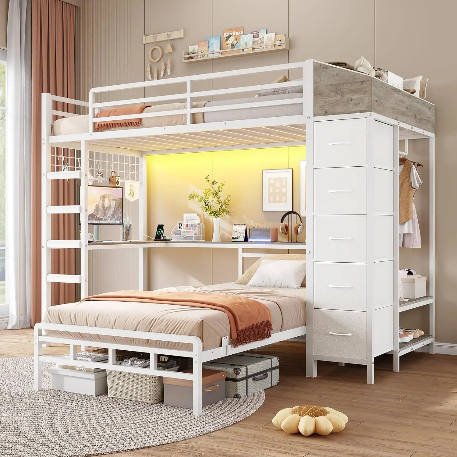 Bunk Bed Twin Over Twin with Hall Tree, Charging Station and LED Lights, L-Shaped Bunk Bed with Desk, 5 Storage, Customized