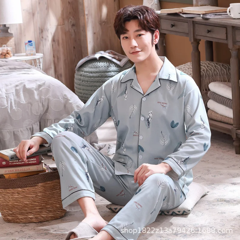 Men's Pajamas Long-sleeved Cardigan Print Pyjamas Sleepwear Set Home Wear Men Nightwear Pijamas Sleep Tops