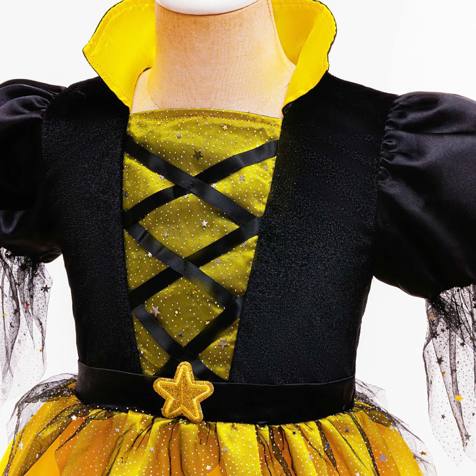 Disfraz de bruja de Halloween para niñas, vestido tutú de malla con lentejuelas y cuello levantado, manga abombada, con bolsa para sombrero, conjunto de mago dulce