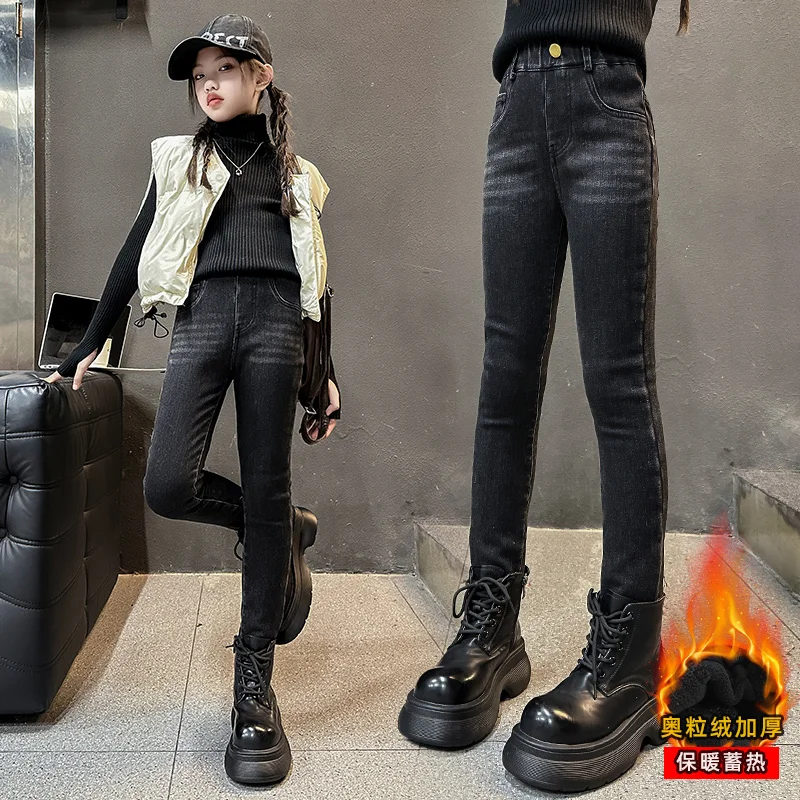 

Children Thermal Skinny Jeans Girls Winter Warm Plush Stretch Jeans Kid Fleece Snow Denim Pants Student Pencil Straight Trousers