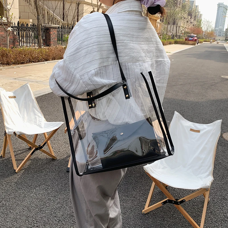 Transparent PVC Shoulder Bags For Women Waterproof Purse + Handbag Fashion Jelly Large Beach Holiday Shopping Tote