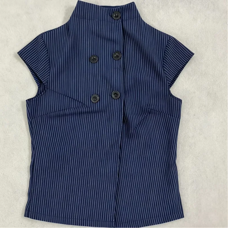 Y2K Korean style French striped printed double breasted stand up collar T-shirt
