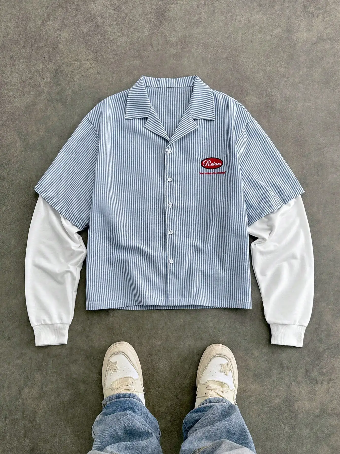 

Unisex Layered Look Striped Button-Up Shirt with Embroidered Logo Patch