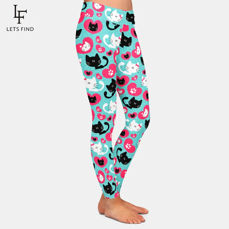 LETSFIND Leggings da donna a vita alta alta Quaility 3D Cute Cats Print Leggings elastici per il Fitness con stampa in seta di latte