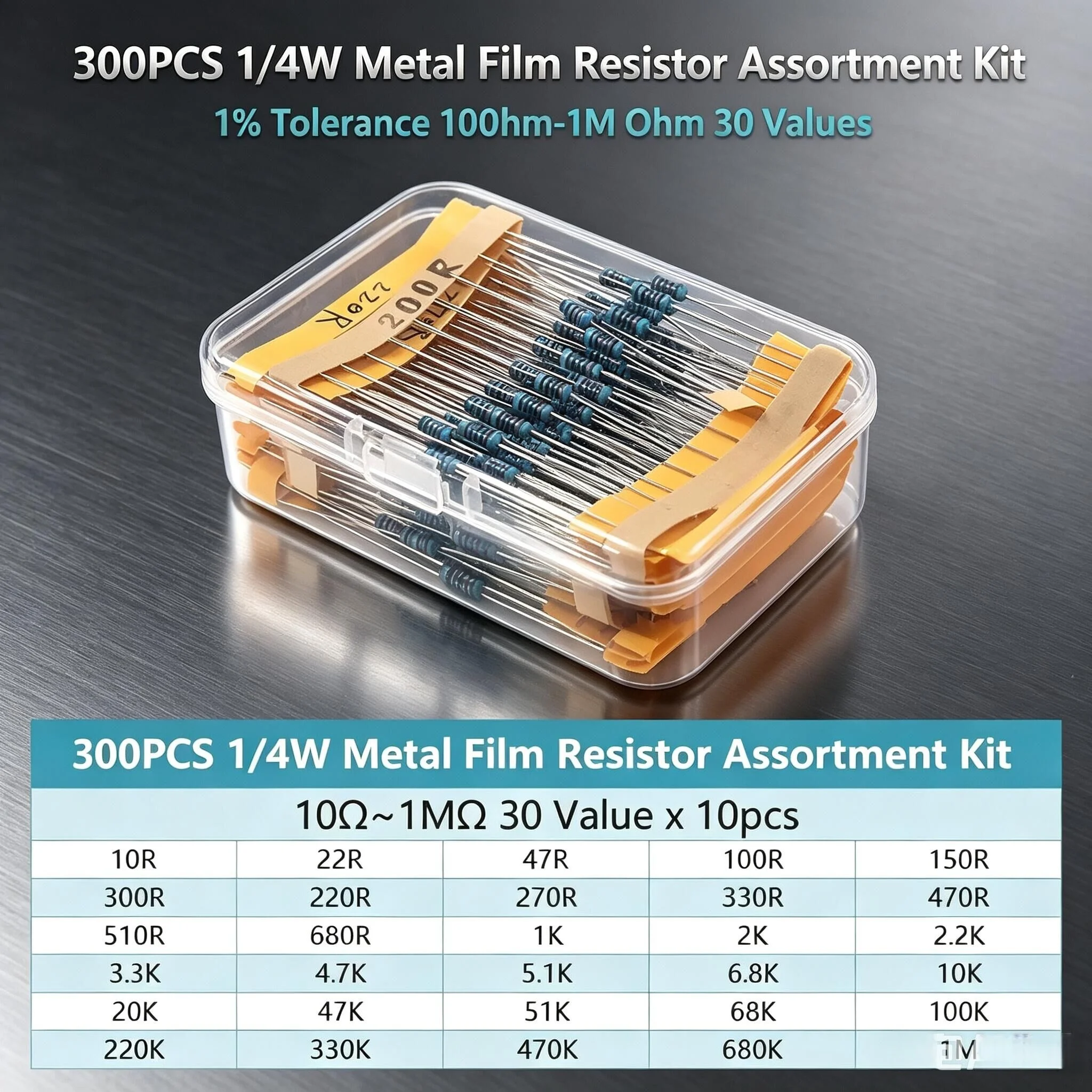 300PCS 1/4W Metal Film Resistor Assortment Kit 1% Tolerance 10Ohm-1M Ohm 30 Values 10PCS Each Fixed Resistors Set For Electronic