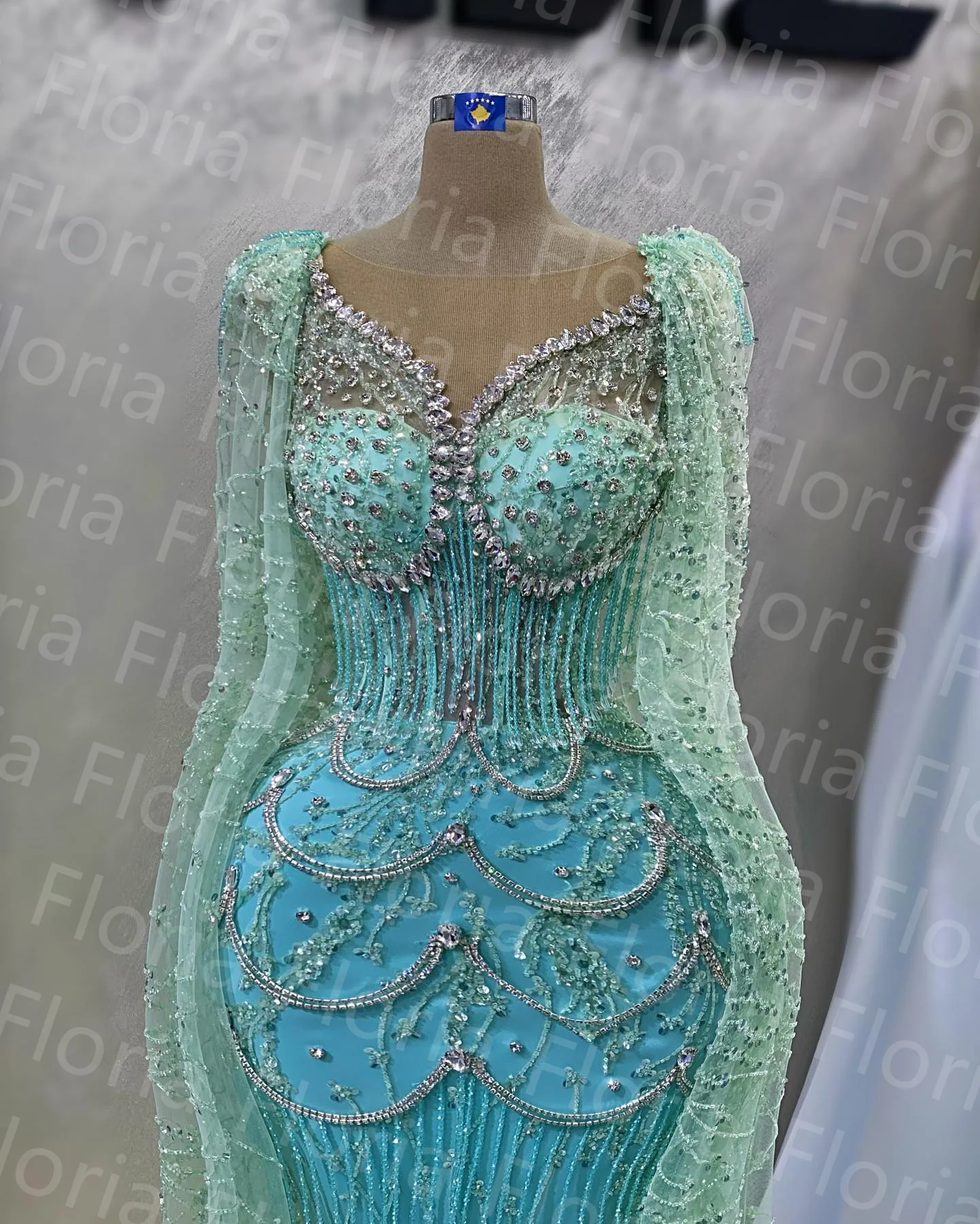 Vestidos de noite árabes frisados para mulheres, Dubai Mermaid, Verde menta, mangas, borlas de pérolas, vestido de baile de cristal, vestido de luxo, 2022