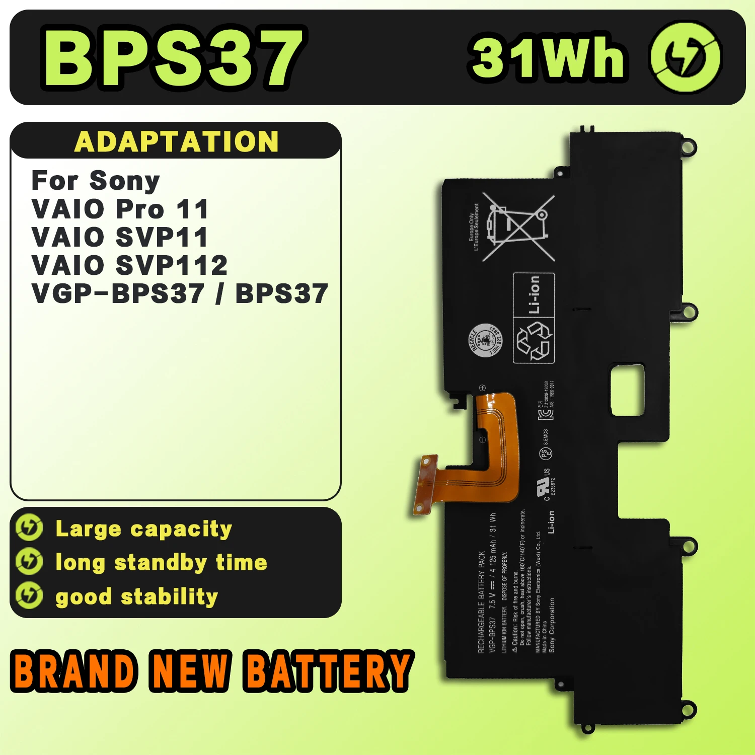 SAT BPS37 New Laptop Batteries Replacement For SONY VAIO Pro11 SVP112 VGP-BPS37 SVP11227SCB 112A19T 7.5V-31Wh-4125mAh