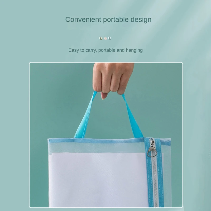 4Pcs Mesh Zipper Pouch Translucent A4 Document Bag Book File Folders Stationery Pencil Case Blue