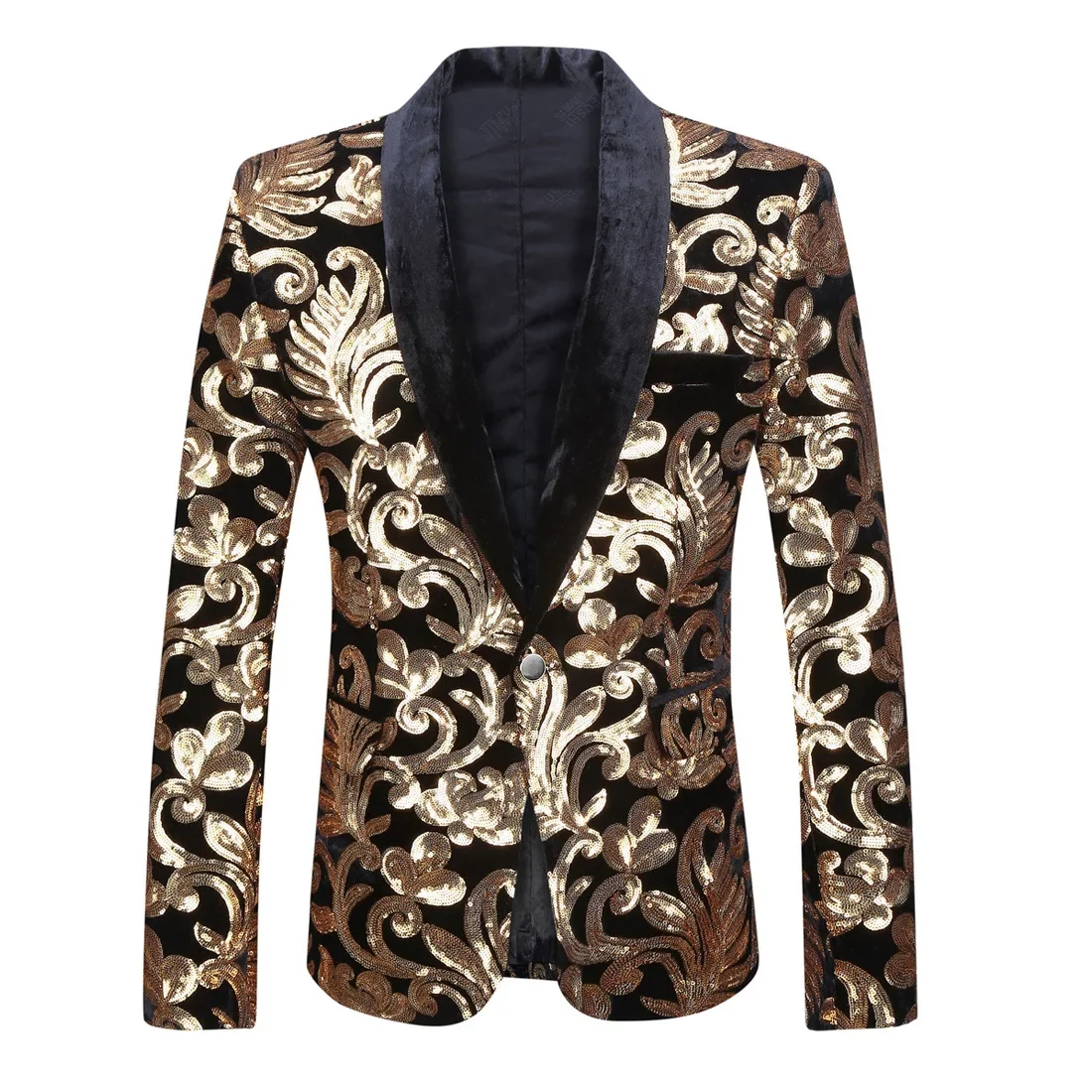 

Shiny Gold Sequins Floral Patter Velvet Suit Coat Mens Slim Fit One Button Tuxedo Suits Blazers Men Wedding Stage Singer Clothes